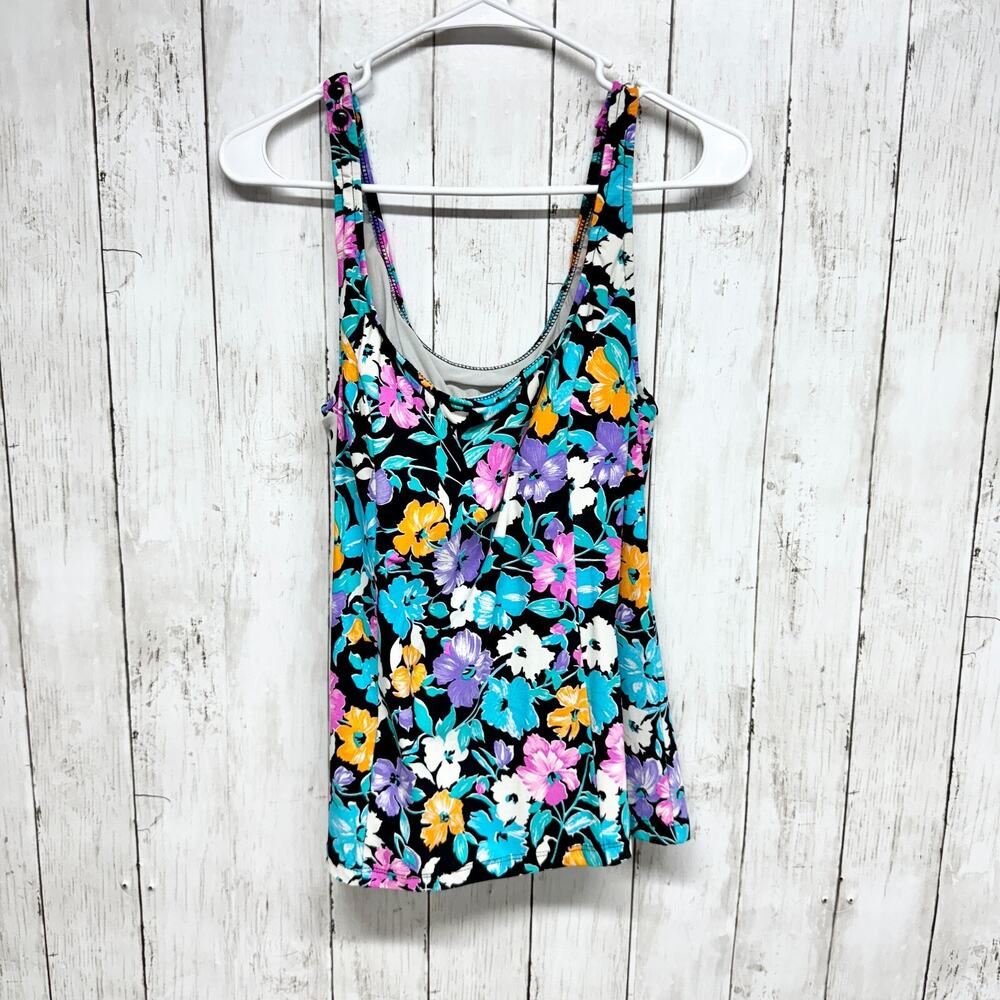 Orvis Swim Top Women Size 12 Floral Sleeveless‎ Beach Summer Neon Blue Tankini